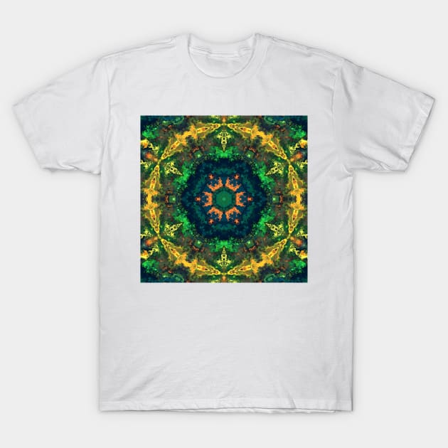 Psychedelic Hippie Flower Green Blue Orange and Yellow T-Shirt by WormholeOrbital